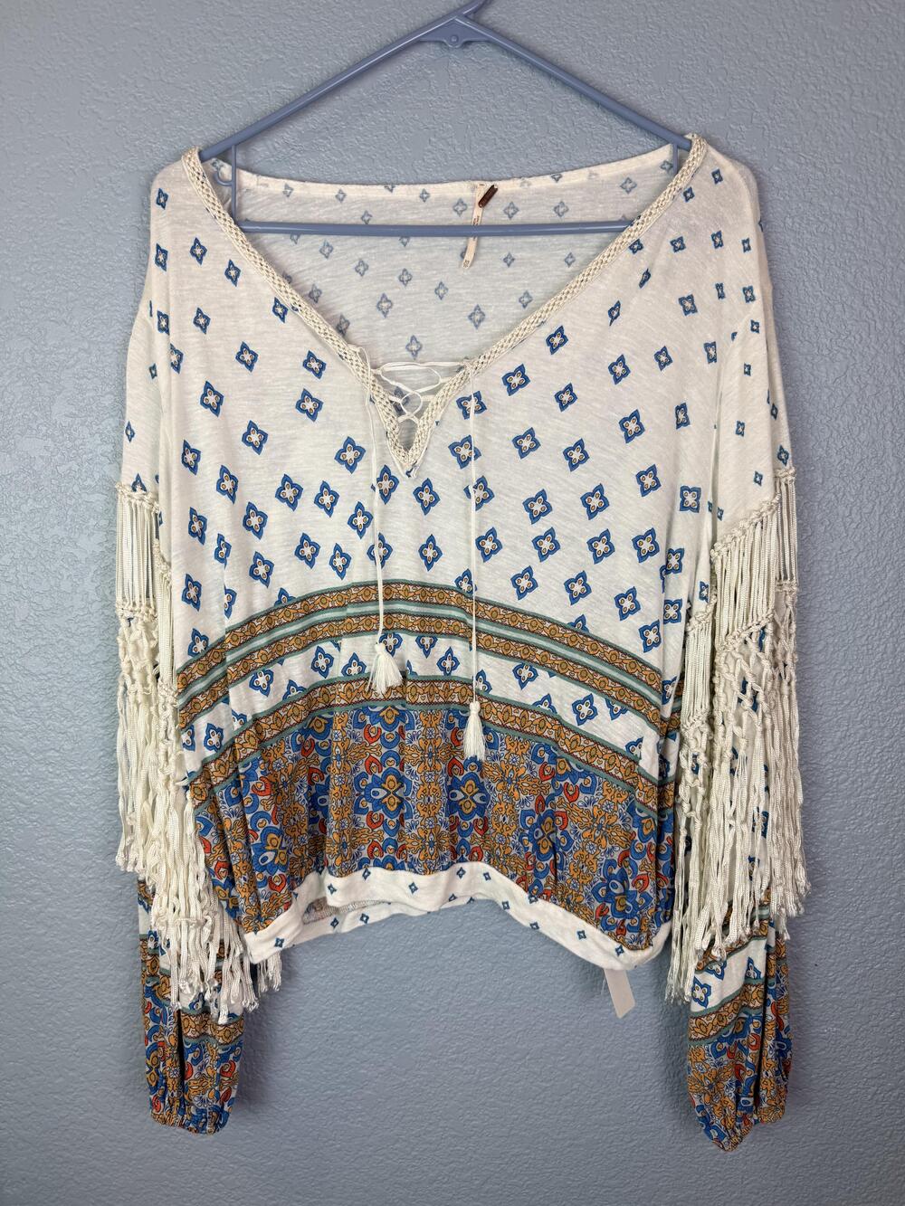 Free People Blouse Womens XS Boho Fringe Balloon Sleeve Tassel Print Cream Top